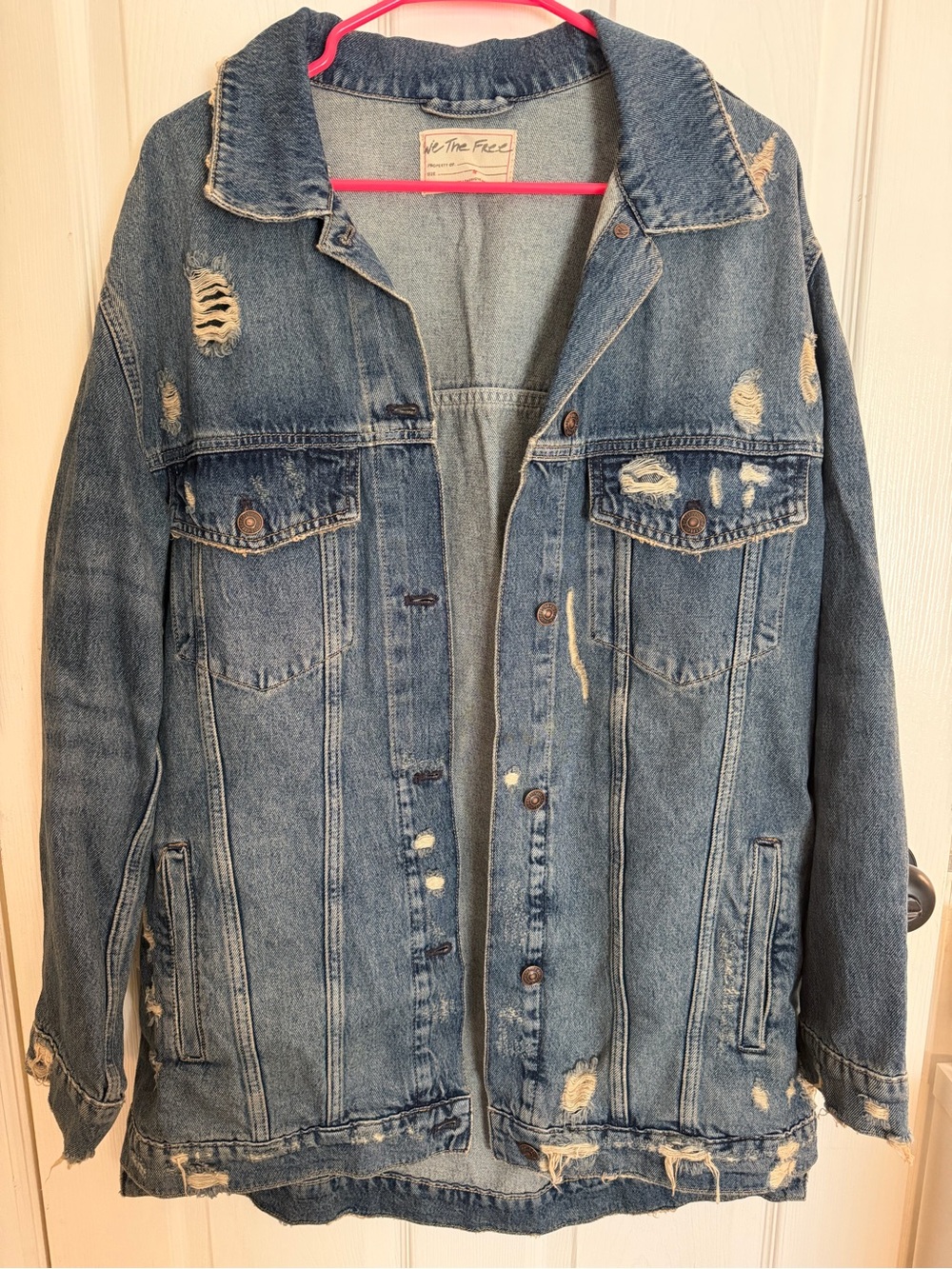 Free People Destroyed Long & Lean Trucker Jacket We The Free Deep Indigo